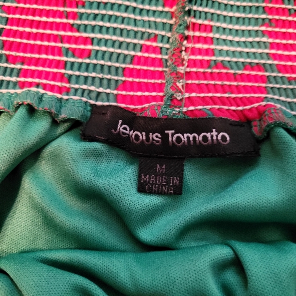 Jealous Tomato Green & Red Romper, Elastic Waist w/front Tie, Medium, Like New - Picture 6 of 9